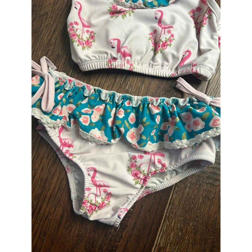 SweetHoney Girls Flamingo Floral Ruffle Swimsuit Set - Size 5Y - Adorable!
